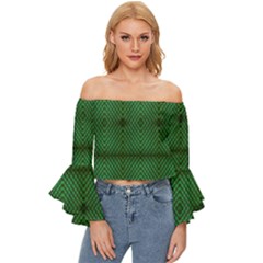 Green Diamond Grid Pattern Off Shoulder Flutter Bell Sleeve Top by ExtraGoodSauce