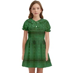 Green Diamond Grid Pattern Kids  Bow Tie Puff Sleeve Dress