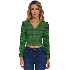 Green Diamond Grid Pattern Long Sleeve V-Neck Top