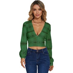 Green Diamond Grid Pattern Long Sleeve Deep-V Velour Top