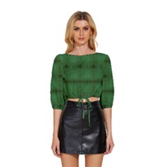 Green Diamond Grid Pattern Mid Sleeve Drawstring Hem Top