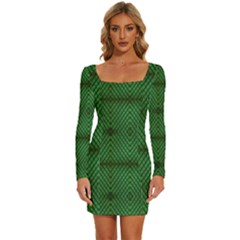 Green Diamond Grid Pattern Long Sleeve Square Neck Bodycon Velvet Dress