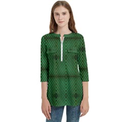 Green Diamond Grid Pattern Women s Zip Front V-Neck 3/4 Sleeve Casual Top Pocket Shirt