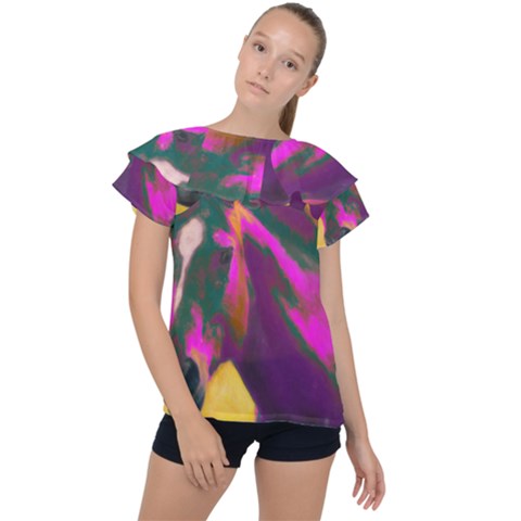 Vibrant Abstract Equine Art Ruffle Collar Chiffon Blouse by ExtraGoodSauce