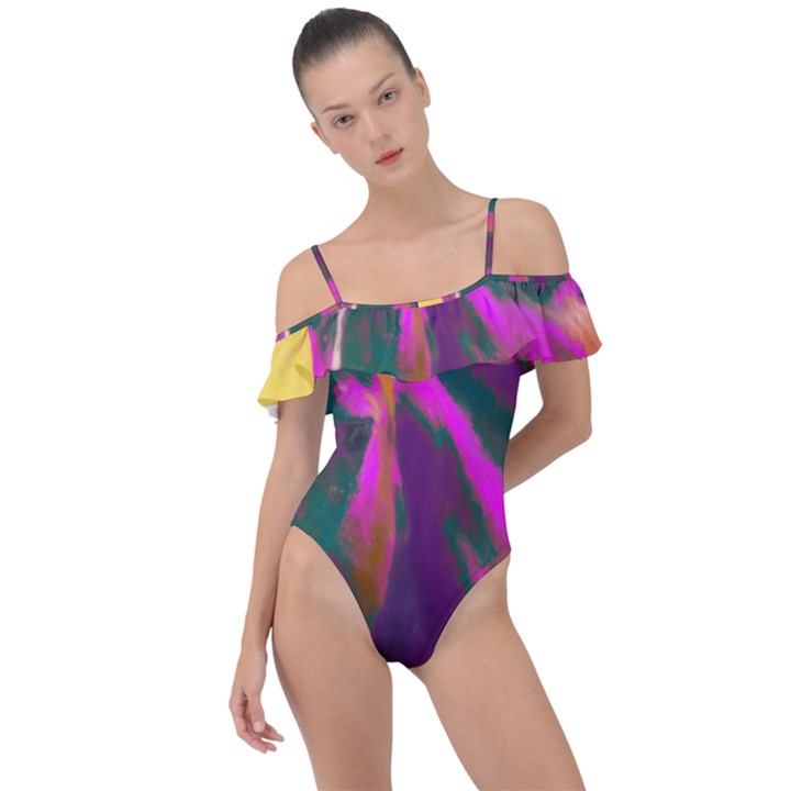 Vibrant Abstract Equine Art Frill Detail One Piece Swimsuit