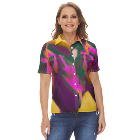 Vibrant Abstract Equine Art Women s Short Sleeve Double Pocket Shirt by ExtraAwesomeSauce