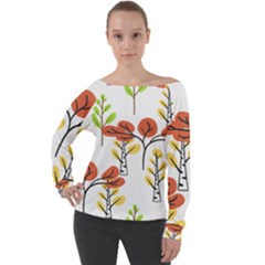 Tree Auntumn Leaf Off Shoulder Long Sleeve Velour Top