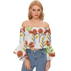 Tree Auntumn Leaf Off Shoulder Flutter Bell Sleeve Top