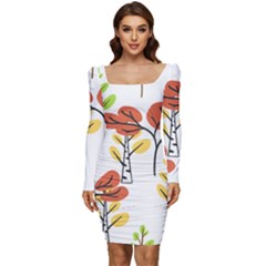 Tree Auntumn Leaf Women Long Sleeve Ruched Stretch Jersey Dress by anzea