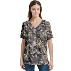 Pear Tree In Full Bloom V-neck Split Shoulder Casual T-shirt by ExtraGoodSauce