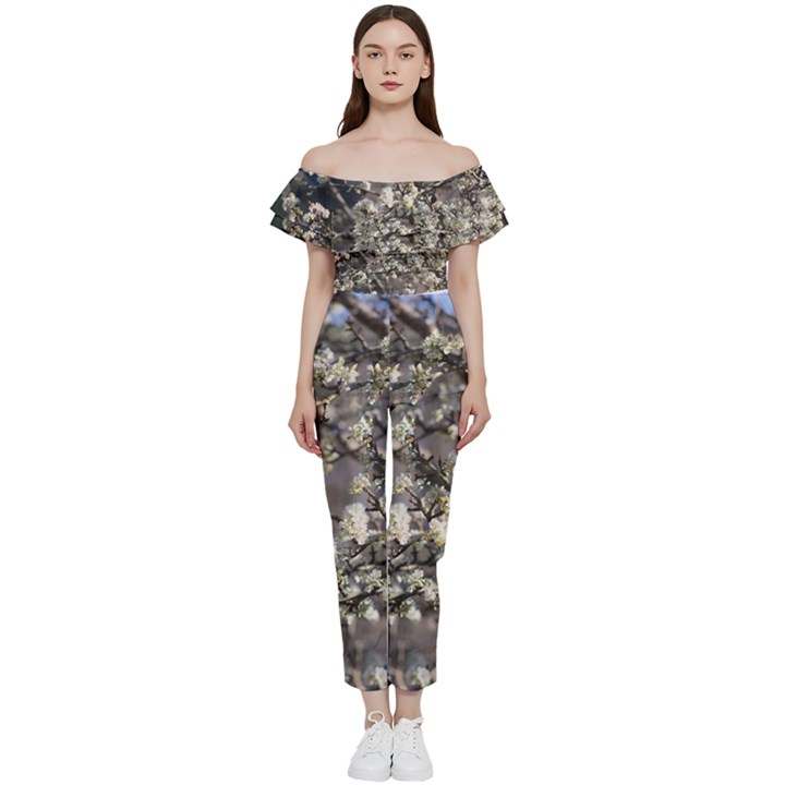 Pear Tree in Full Bloom Bardot Ruffle jumpsuit