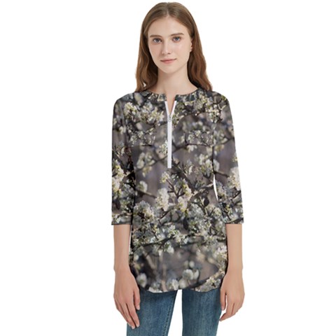 Pear Tree In Full Bloom Women s Zip Front V-neck 3/4 Sleeve Casual Top Pocket Shirt by ExtraGoodSauce