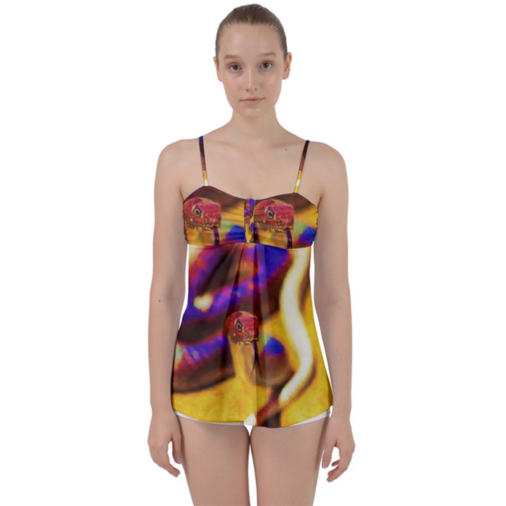 Vibrant Forked-Tongue Snake Art Babydoll Tankini Top