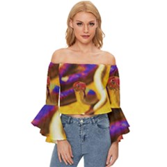 Vibrant Forked-tongue Snake Art Off Shoulder Flutter Bell Sleeve Top