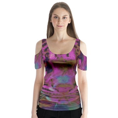 Pink And Purple Leopard Butterfly Sleeve Cutout T-shirt  by ExtraGoodSauce