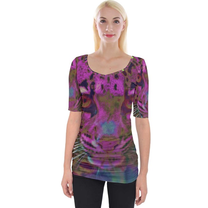 Pink and Purple Leopard Wide Neckline T-Shirt