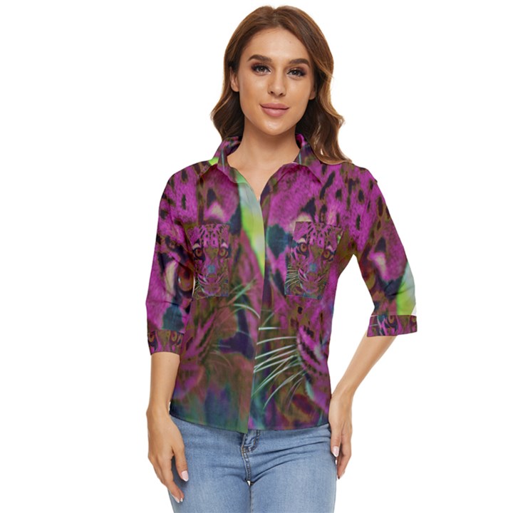 Pink and Purple Leopard Women s Quarter Sleeve Pocket Shirt