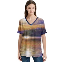 Serene Sunset Over Water V-neck Split Shoulder Casual T-shirt