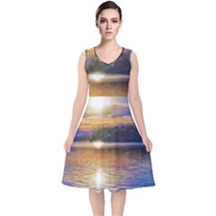 Serene Sunset Over Water V-neck Midi Sleeveless Dress  by ExtraGoodSauce