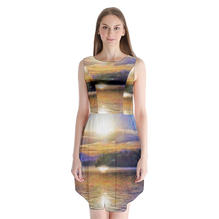 Serene Sunset Over Water Sleeveless Chiffon Dress  