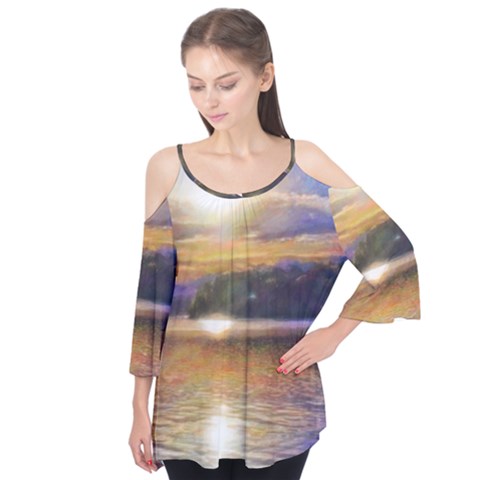 Serene Sunset Over Water Flutter Sleeve T-shirt by ExtraGoodSauce