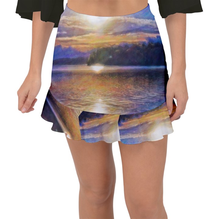 Serene Sunset Over Water Fishtail Mini Chiffon Skirt