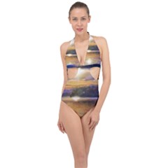 Serene Sunset Over Water Halter Front Plunge Swimsuit by ExtraGoodSauce