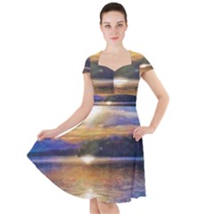 Serene Sunset Over Water Cap Sleeve Midi Dress With Pockets