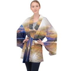 Serene Sunset Over Water Long Sleeve Velvet Kimono  by ExtraGoodSauce