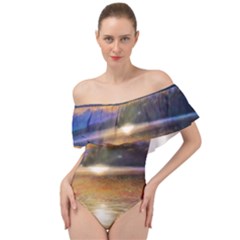 Serene Sunset Over Water Off Shoulder Velour Bodysuit  by ExtraGoodSauce