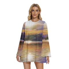 Serene Sunset Over Water Round Neck Long Sleeve Bohemian Style Chiffon Mini Dress by ExtraGoodSauce