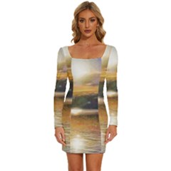 Serene Sunset Over Water Long Sleeve Square Neck Bodycon Velvet Dress by ExtraGoodSauce