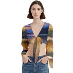 Serene Sunset Over Water Trumpet Sleeve Cropped Top