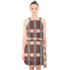 Modern Art Geometric Pattern In Red Hues Halter Collar Waist Tie Chiffon Dress