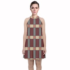 Modern Art Geometric Pattern In Red Hues Velvet Halter Neckline Dress 