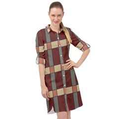 Modern Art Geometric Pattern In Red Hues Long Sleeve Mini Shirt Dress by ExtraGoodSauce