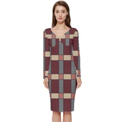 Modern Art Geometric Pattern In Red Hues Long Sleeve V-neck Bodycon Dress  by ExtraGoodSauce