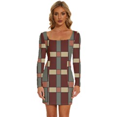 Modern Art Geometric Pattern In Red Hues Long Sleeve Square Neck Bodycon Velvet Dress by ExtraGoodSauce