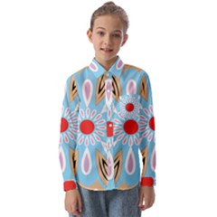 A Blue And Brown Flower With A Red Center Kids  Long Sleeve Shirt by catchydesignhill