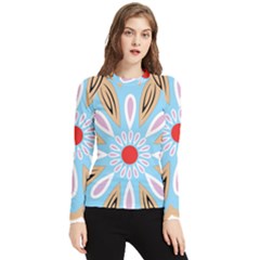 A Blue And Brown Flower With A Red Center Women s Long Sleeve Rash Guard by catchydesignhill