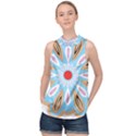 A Blue And Brown Flower With A Red Center High Neck Satin Top View1