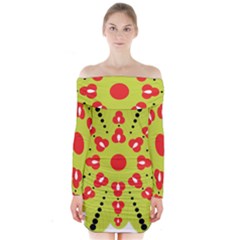 A Green And Red Flower With Black Dots Long Sleeve Off Shoulder Dress by catchydesignhill