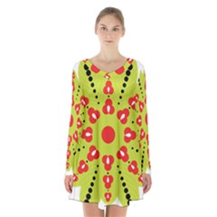 A Green And Red Flower With Black Dots Long Sleeve Velvet V-neck Dress