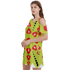 A Green And Red Flower With Black Dots Women s Cold Shoulder Round Neck Mini Dress by catchydesignhill