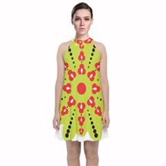 A Green And Red Flower With Black Dots Velvet Halter Neckline Dress 