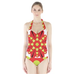 A Red And Yellow Flower With Black Dots Halter Swimsuit by catchydesignhill