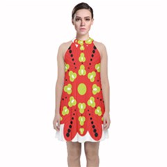 A Red And Yellow Flower With Black Dots Velvet Halter Neckline Dress 