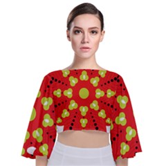 A Red And Yellow Flower With Black Dots Tie Back Butterfly Sleeve Chiffon Top by catchydesignhill