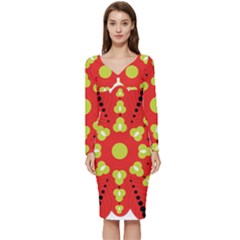 A Red And Yellow Flower With Black Dots Long Sleeve V-neck Bodycon Dress  by catchydesignhill