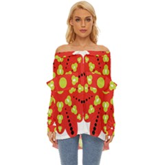 A Red And Yellow Flower With Black Dots Off Shoulder Chiffon Pocket Shirt by catchydesignhill